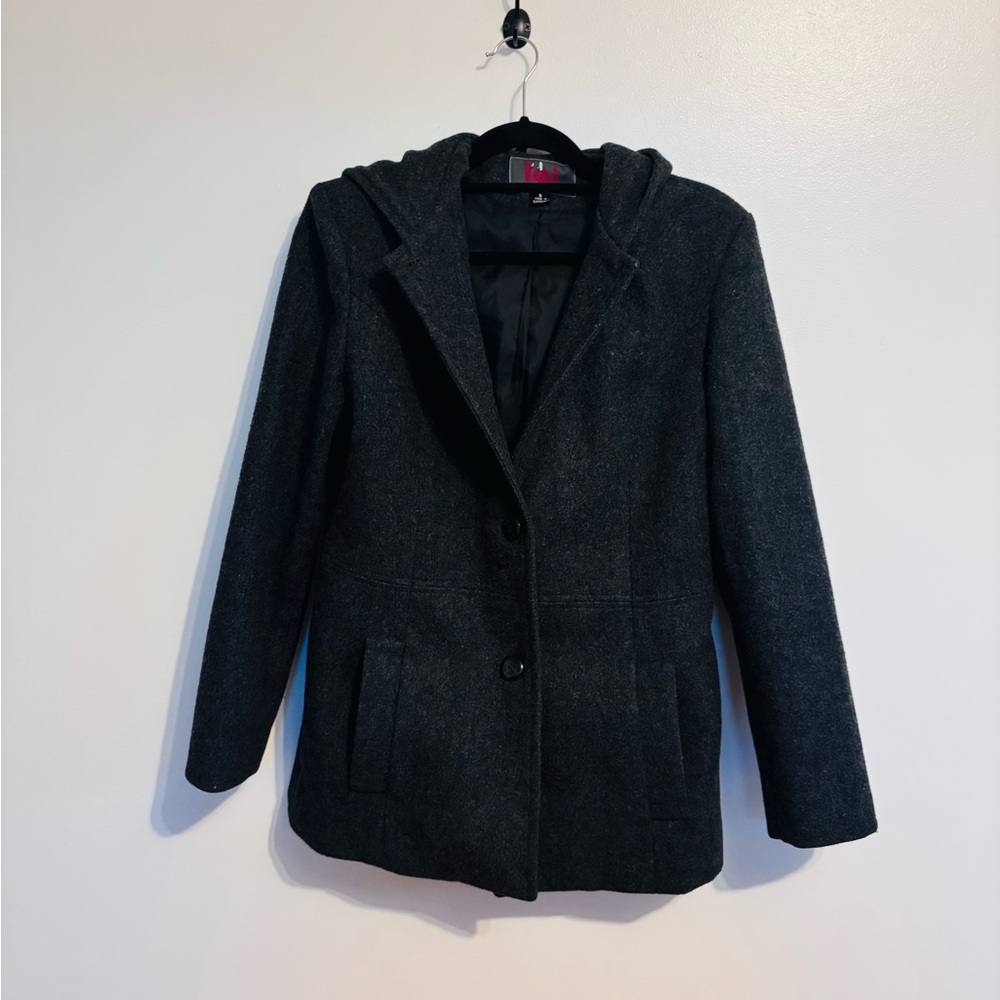 l.e.i. 100% Wool Hooded Pea Coat Gray Size Large Life Energy Intelligence Y2K s